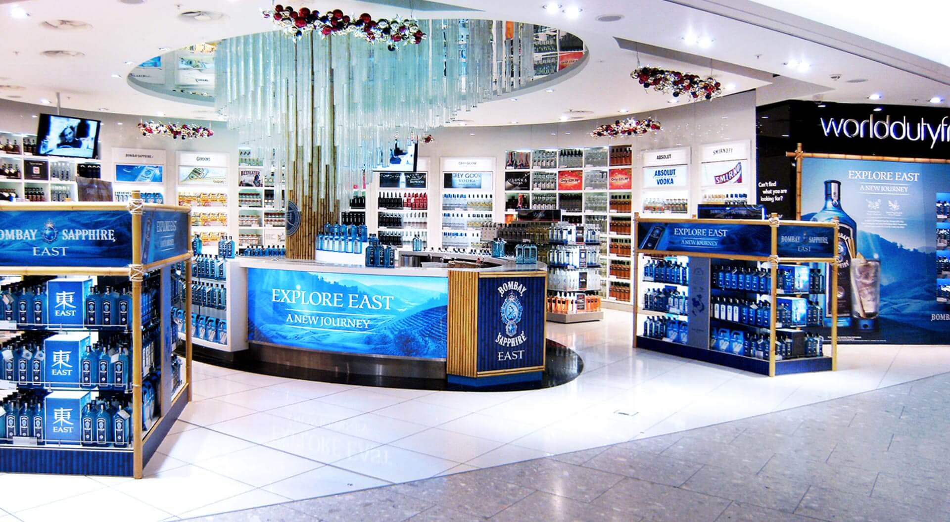 Bombay Sapphire East store design and branding for World Duty Free Heathrow Terminal 5 airport