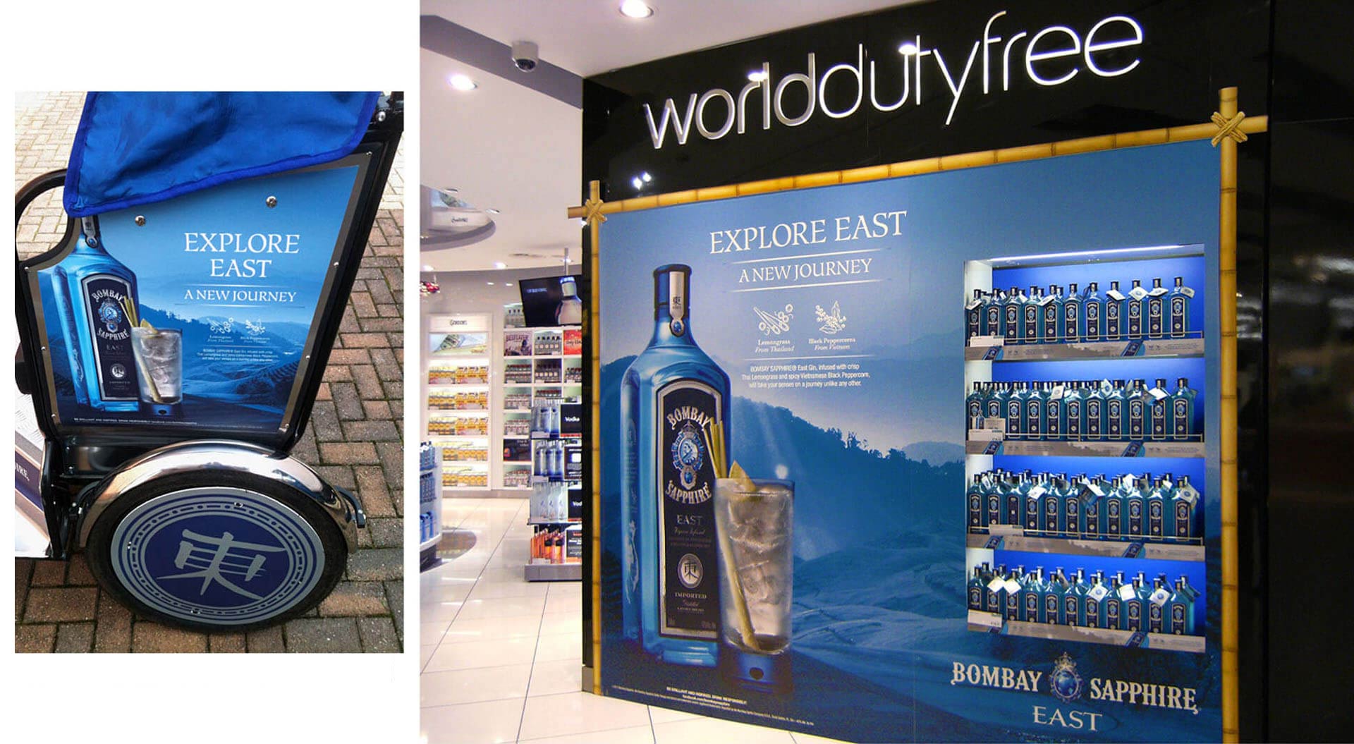 Bombay Sapphire East store branding for World Duty Free Heathrow - Explore East a new journey and tuk tuk design