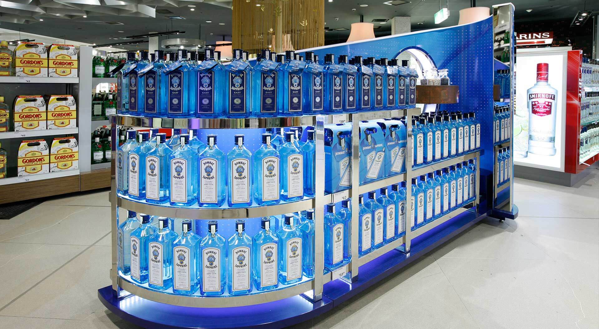 Bacardi Bombay Sapphire spirits industry promotion merchandising systems design at Sydney airport for duty free travel retail
