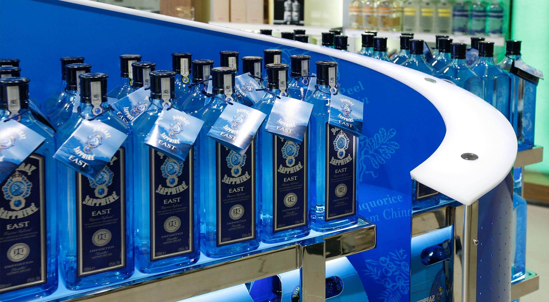 Bacardi Bombay Sapphire spirits industry unique merchandising systems design at Sydney airport for duty free travel retail