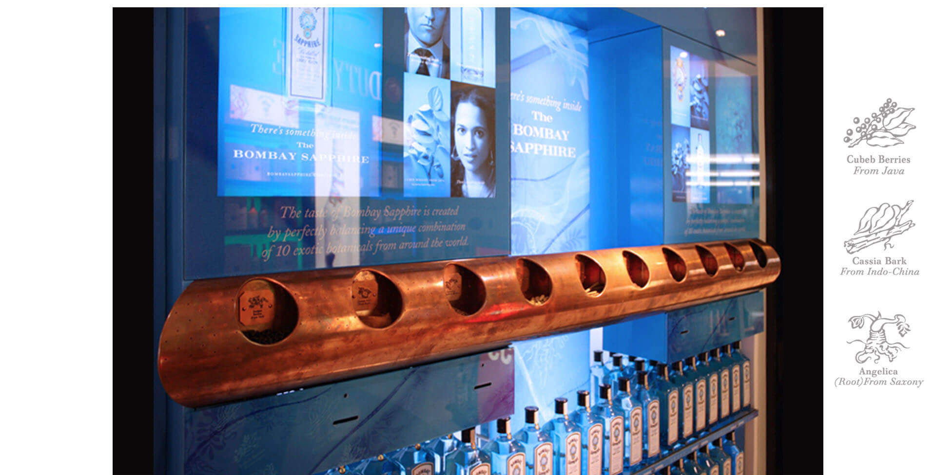 Bombay Sapphire new sensory interactive wall-mounted gondola design in Auckland duty free airport