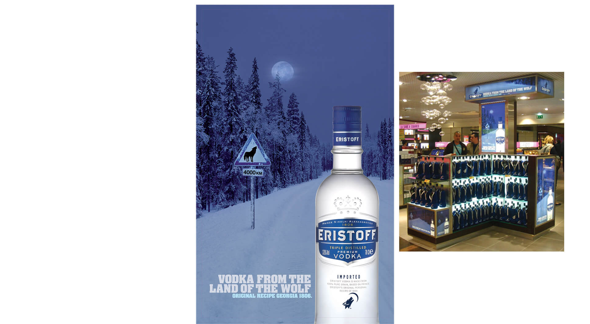 Eristoff vodka brand promotions Vodka from the land of the wolf and airport duty free merchandising display