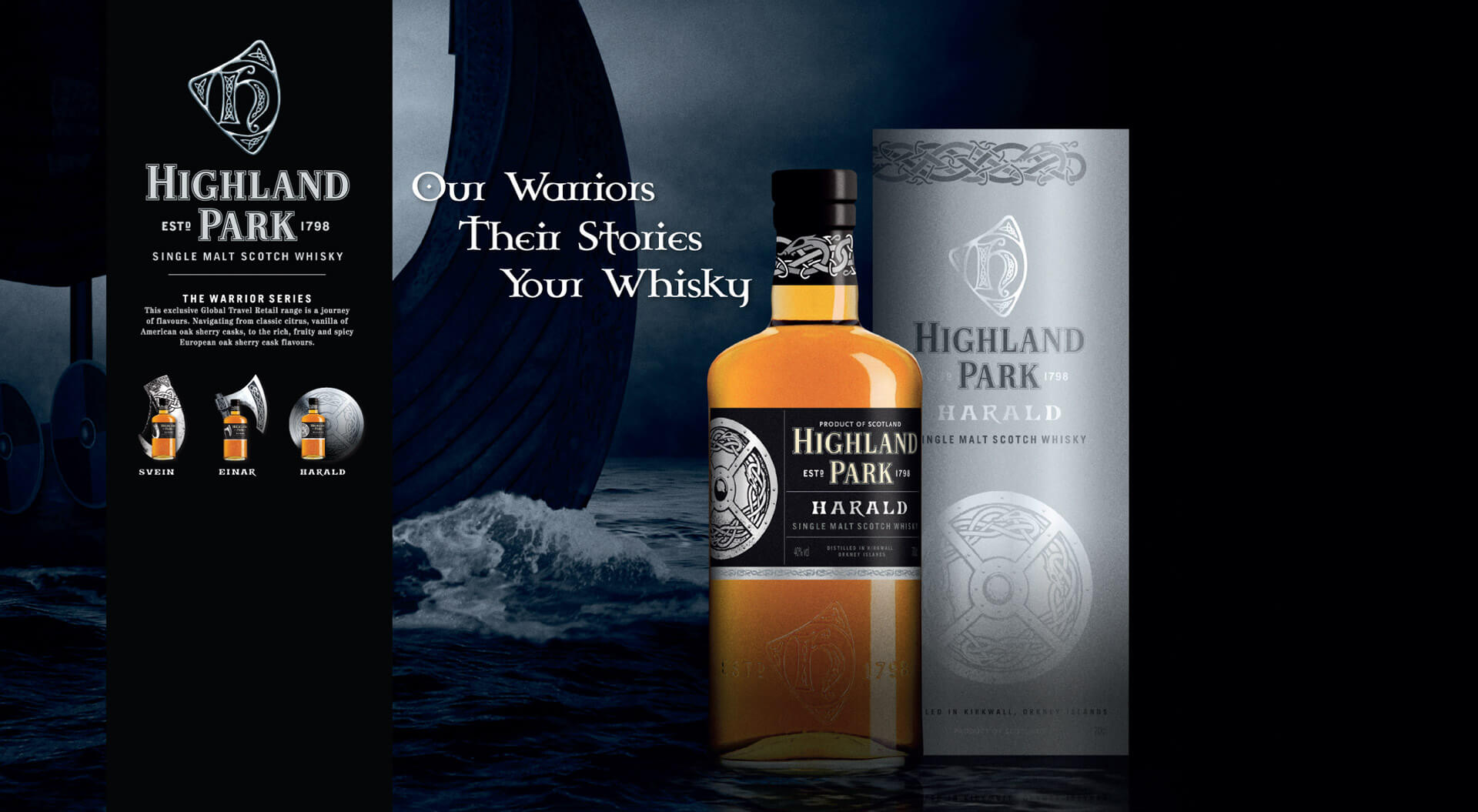 Highland Park Single Malt Scotch Whisky packaging design for Harald and brand marketing for airports duty free
