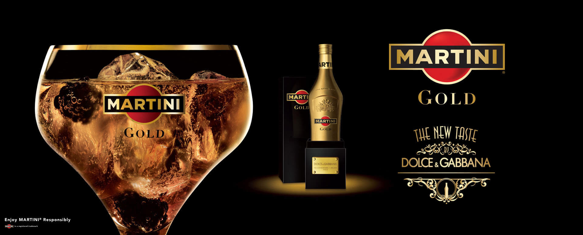 Martini Gold the new taste Dolce & Gabbana brand identity, packaging and drinks promotion for Bacardi Global Travel Retail
