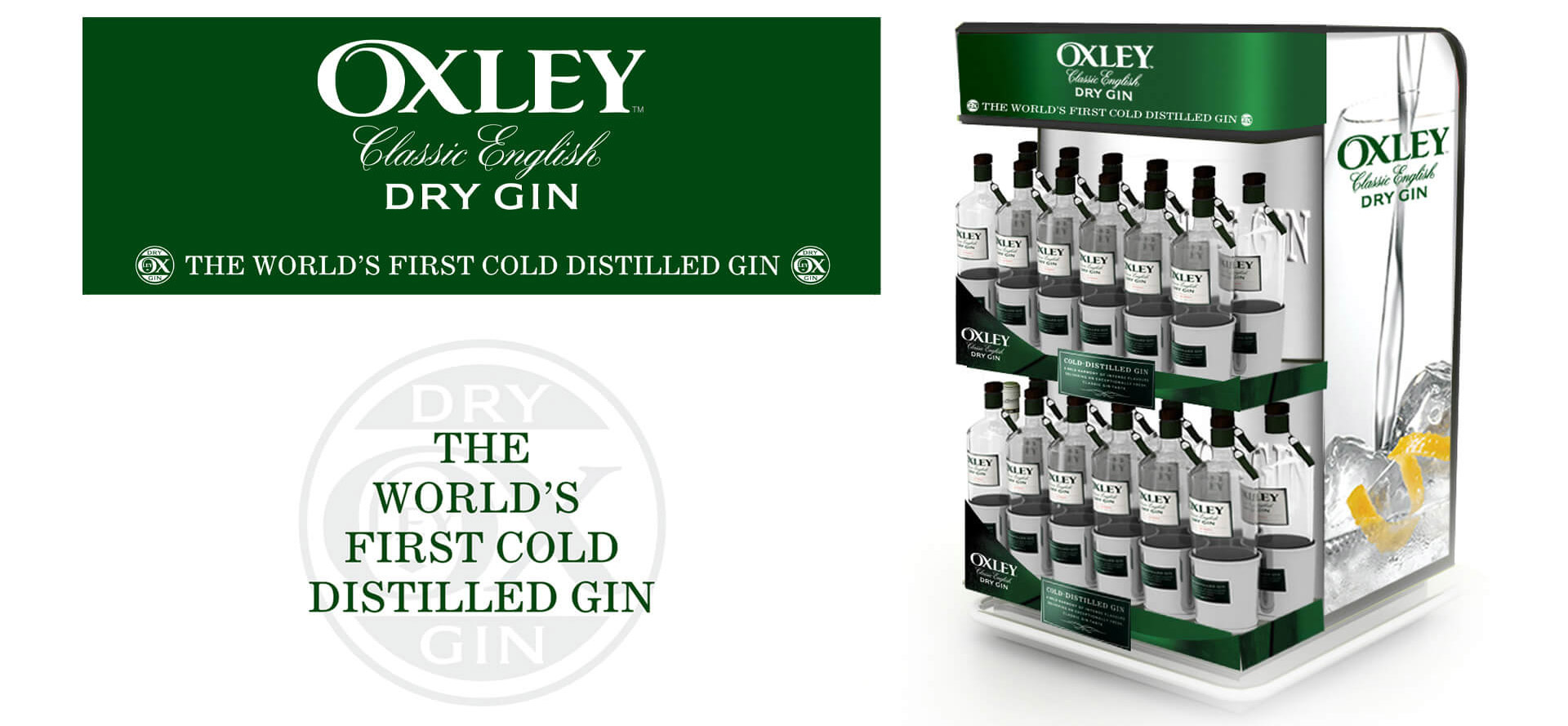 Oxley Gin brand identity and roller bar merchandising promotion travel retail for Bacardi Global Travel Retail