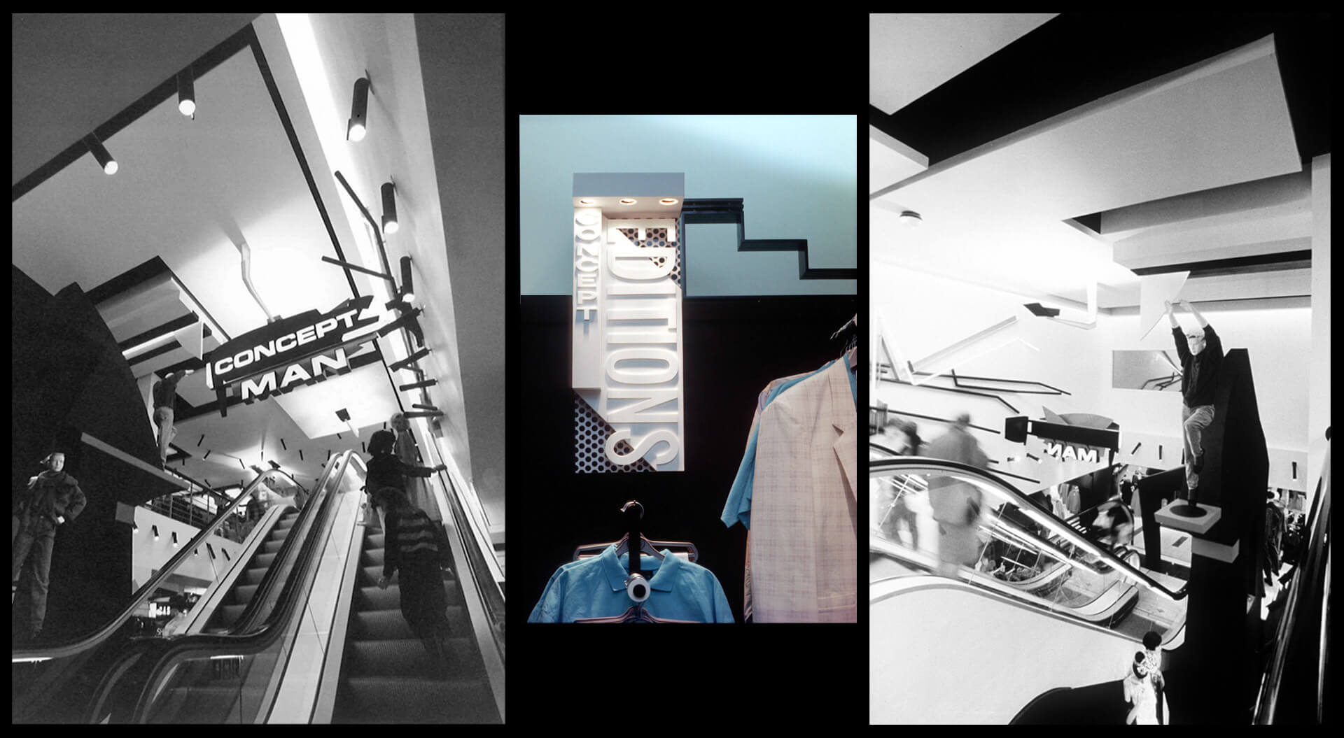 Concept Man brand interior store design merchandising systems internal brand signage for shop escalators