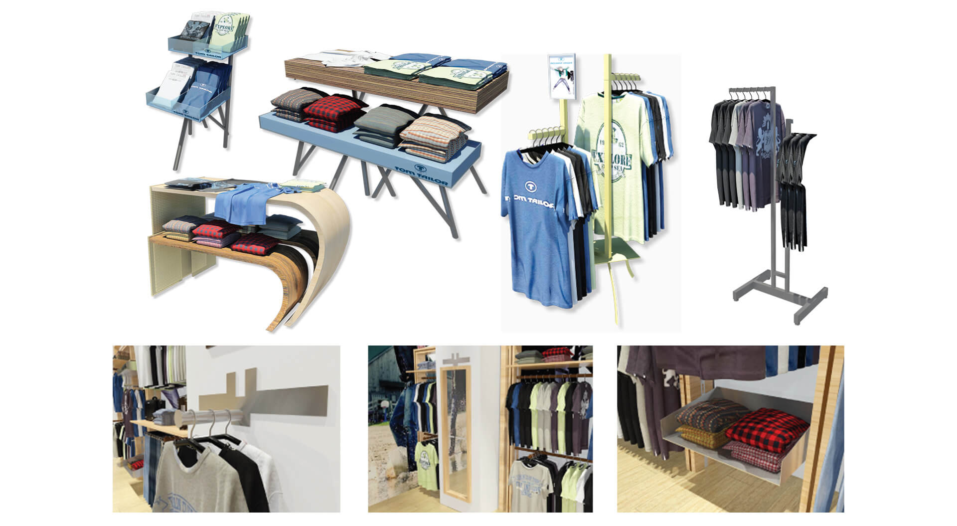 Tom Taylor Germany retail interior fashion store design, 3D models of merchandising systems
