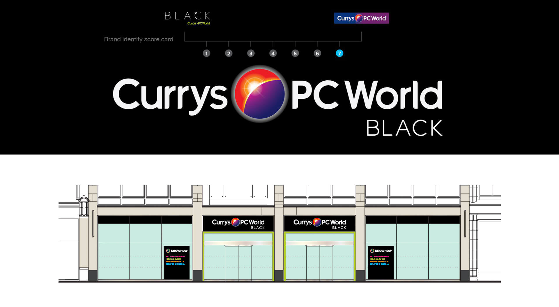 Corporate identity, store interior design, branding agency fascia rebranding retail, sub-brands, best store design agency, high-end electronics technology retail logo design - Currys PC World Black