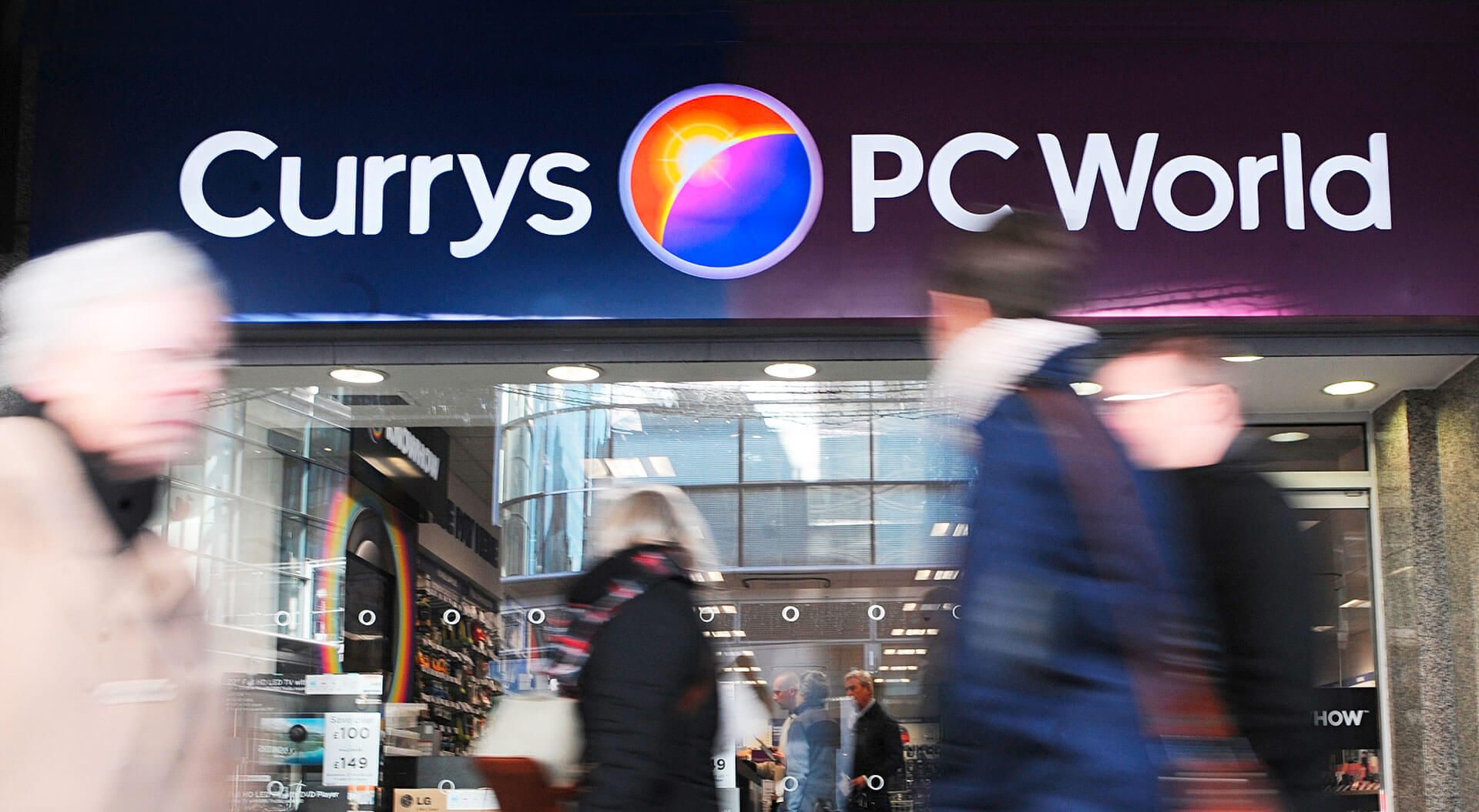 Currys PC World corporate identity, fascia rebranding retail, sub-brands, electronics technology retail logo design 