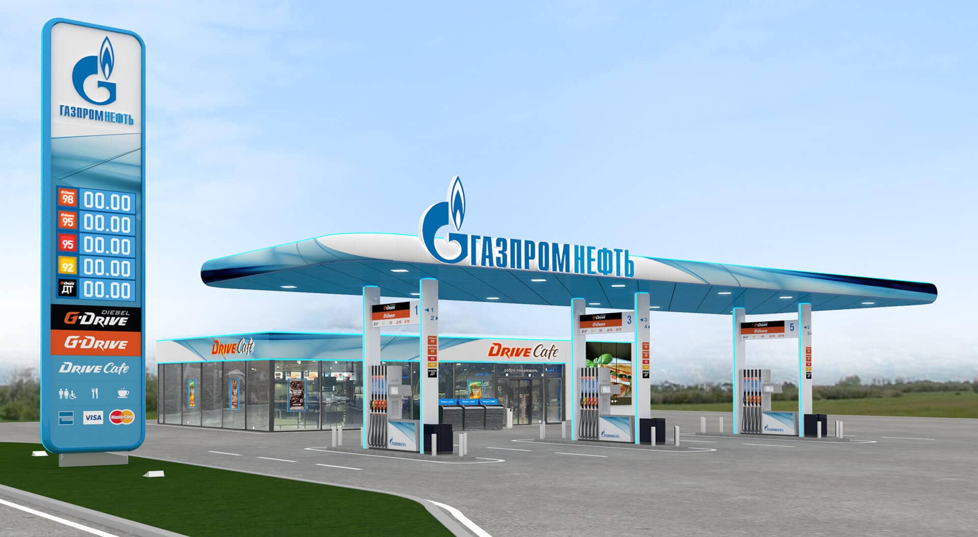 Gazprom Neft Russia petrol forecourt station retail interior store design for Drive Cafe and branding