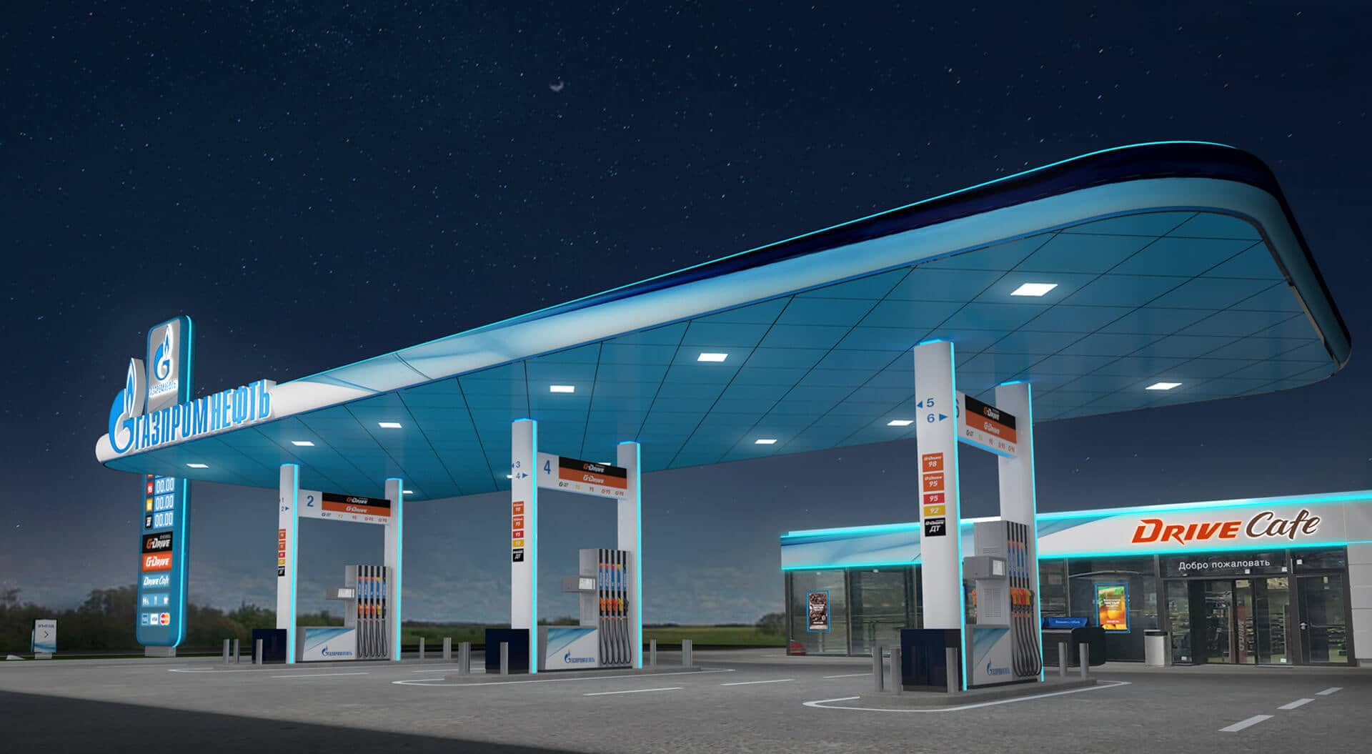 Gazprom Neft Russia petrol forecourt station retail interior store design for Drive Cafe and branding night view