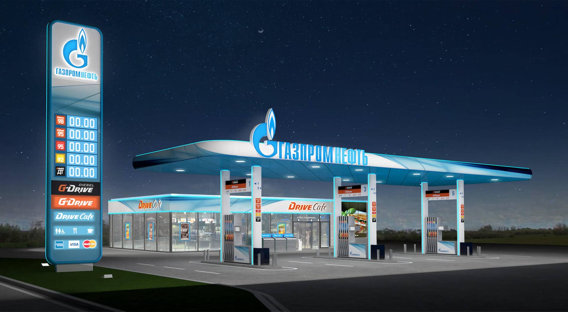 Gazprom Neft Russia petrol forecourt station retail interior store design for Drive Cafe and branding night view