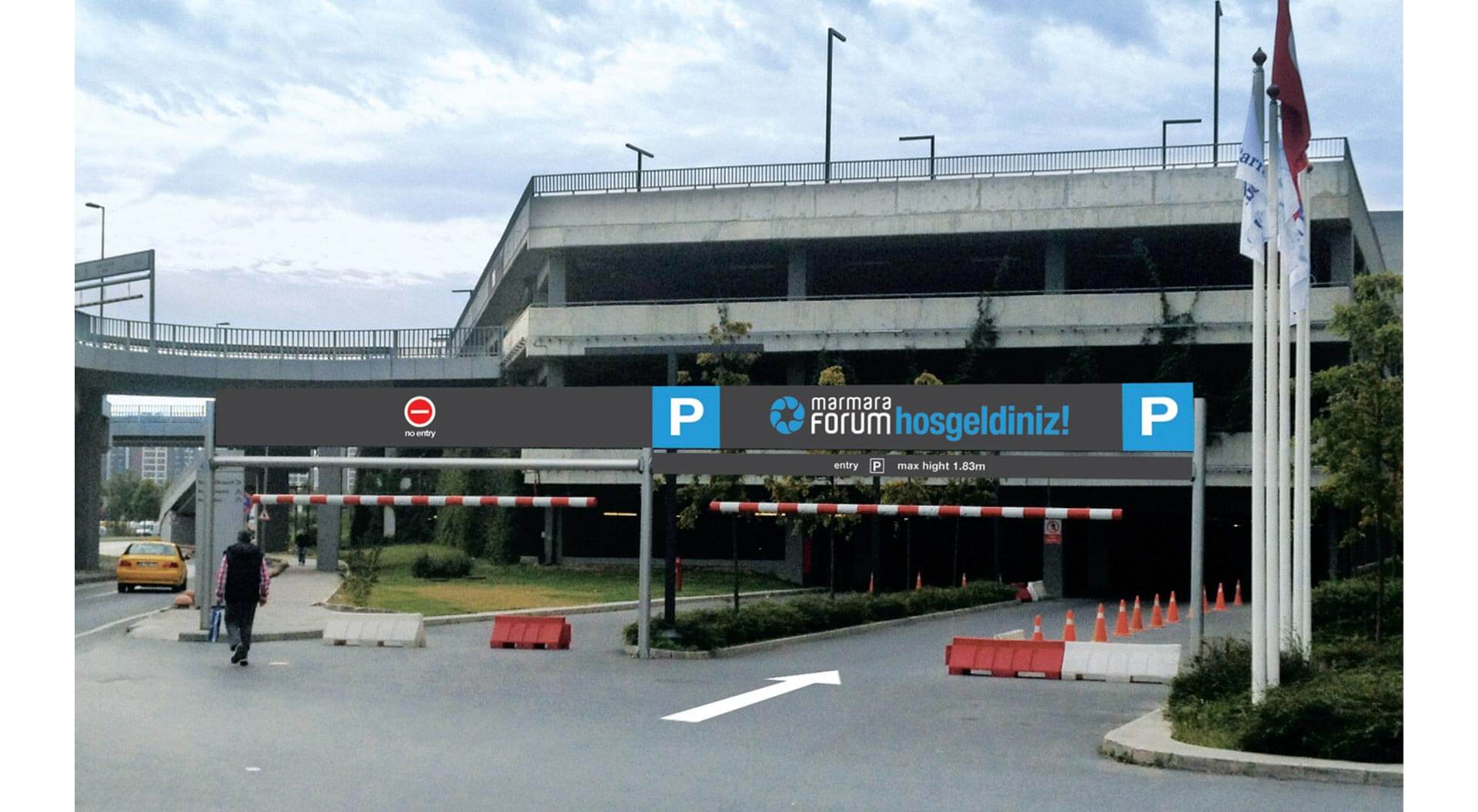 Marmara Forum shopping mall Istanbul car park entrance navigation and branding system