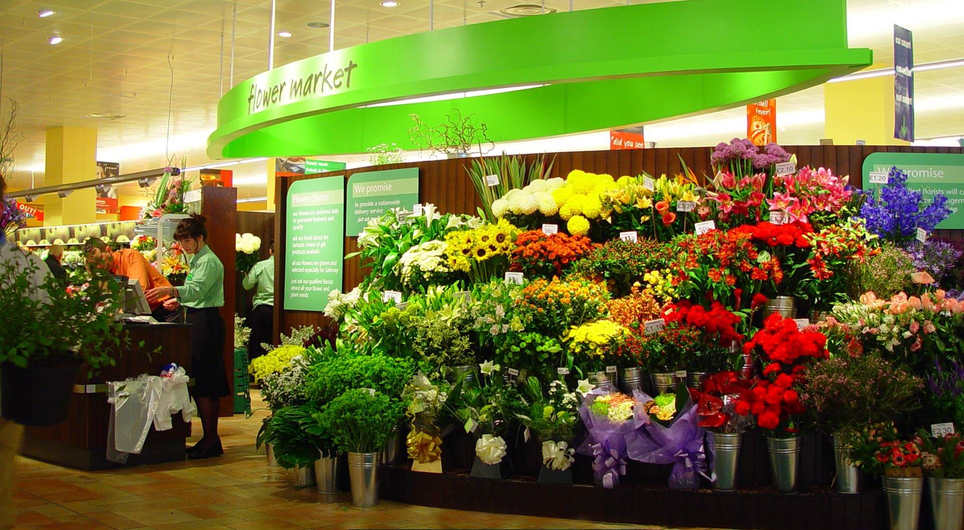 Interior design for Safeway Mega store hypermarket flower market merchanding display and grapghic branding
