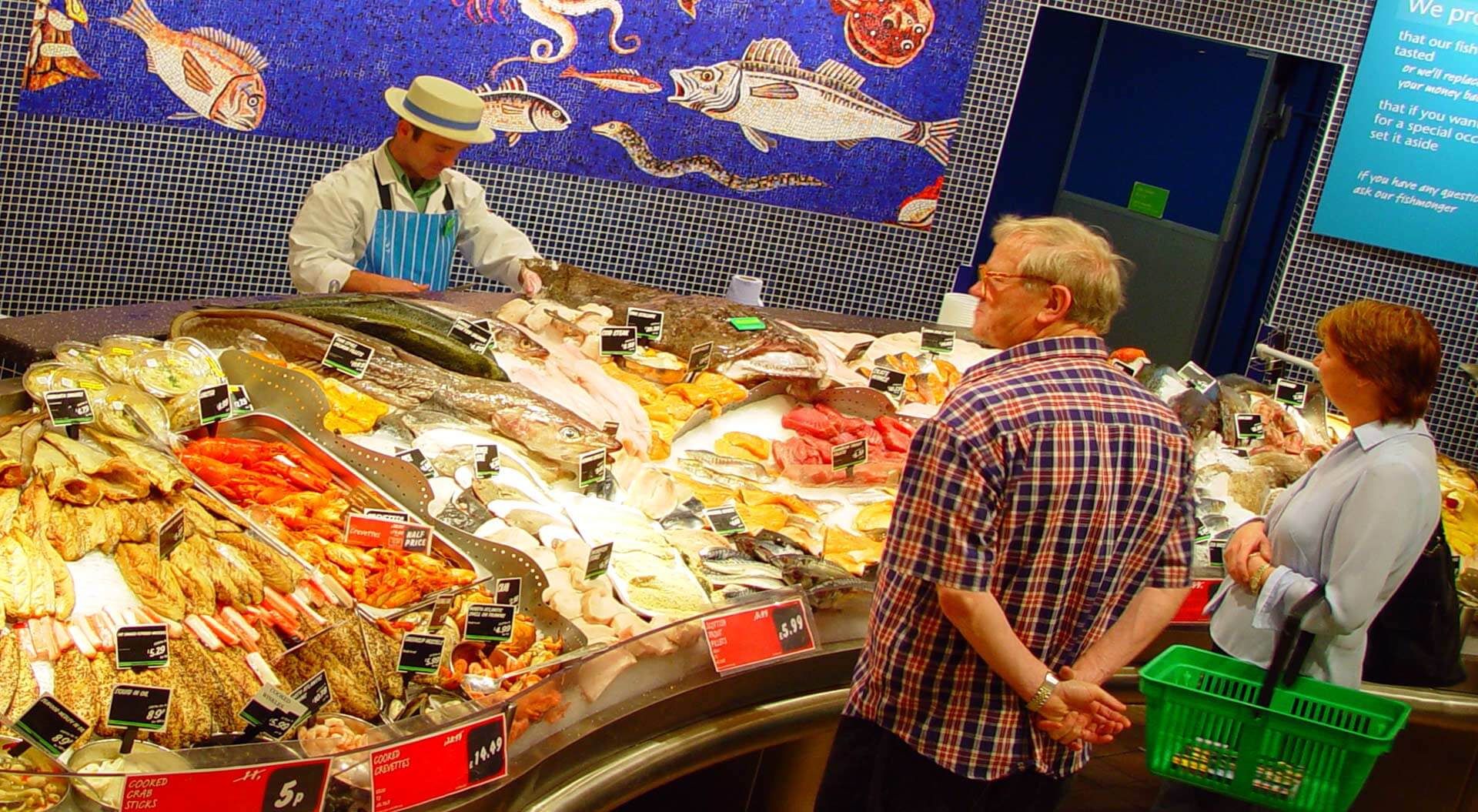 Interior design for Safeway Mega store hypermarket fish monger merchanding display and grapghic branding