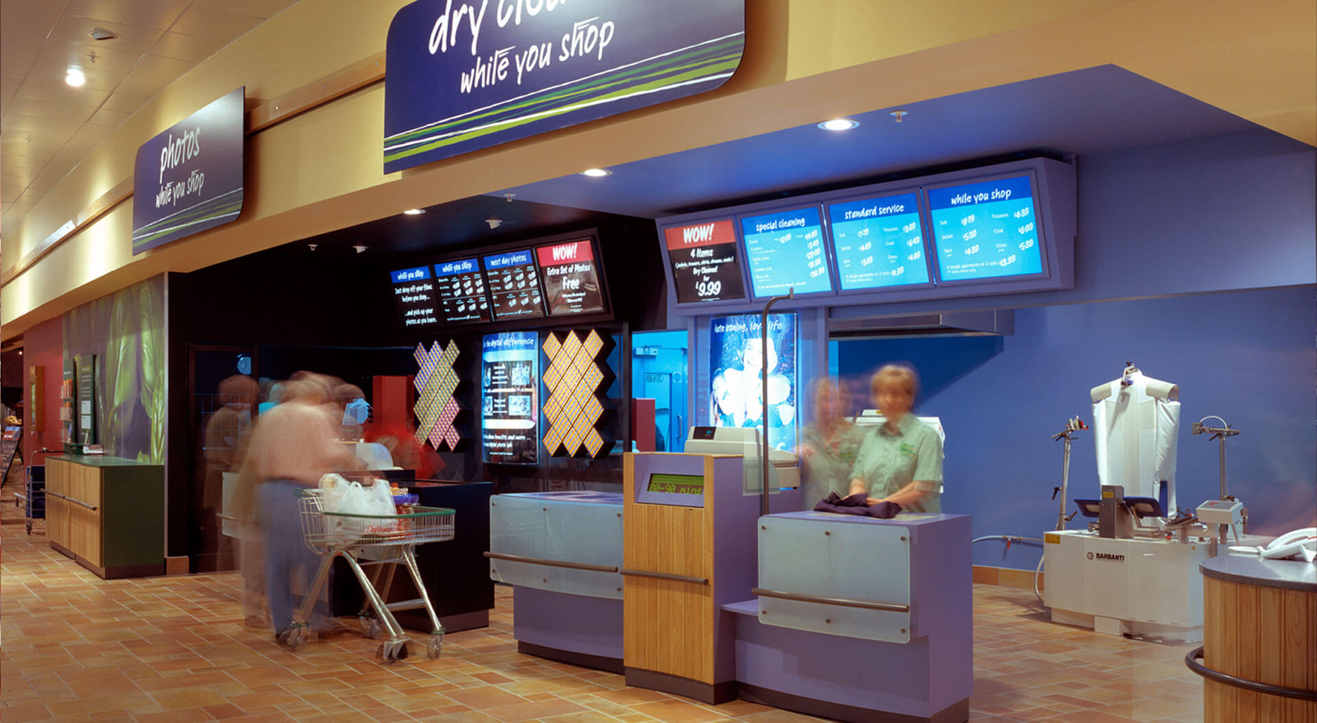 Safeway supermarket interior store design, merchandising display systems and branding for the dry cleaning shop