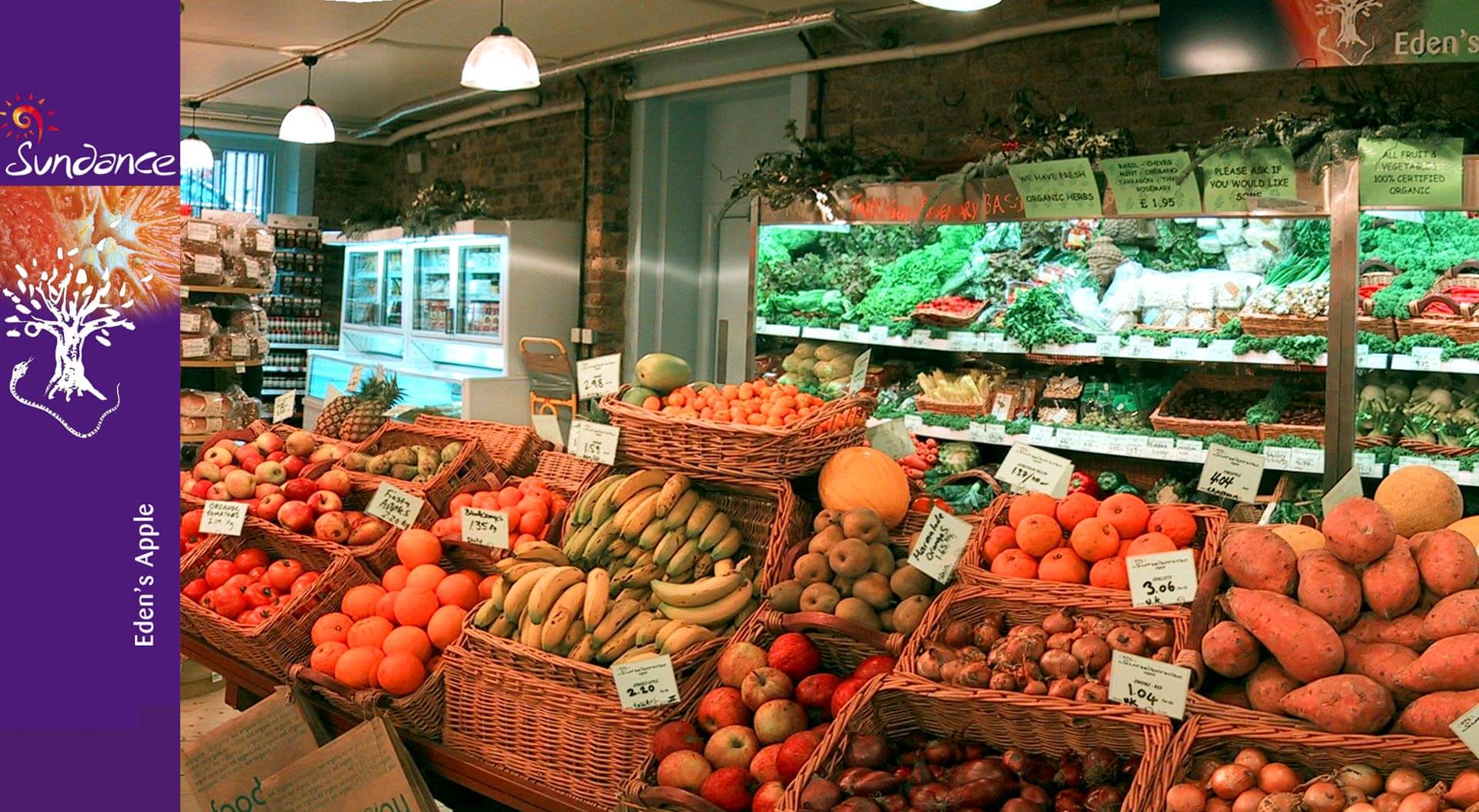 Sundace Organic supermarket fresh produce display with department branding
