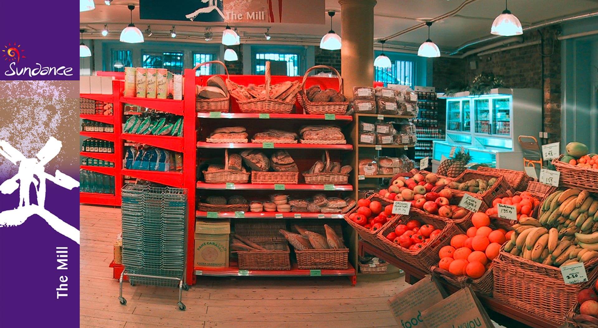 Sundace Organic supermarket fresh produce and bakery department with branding