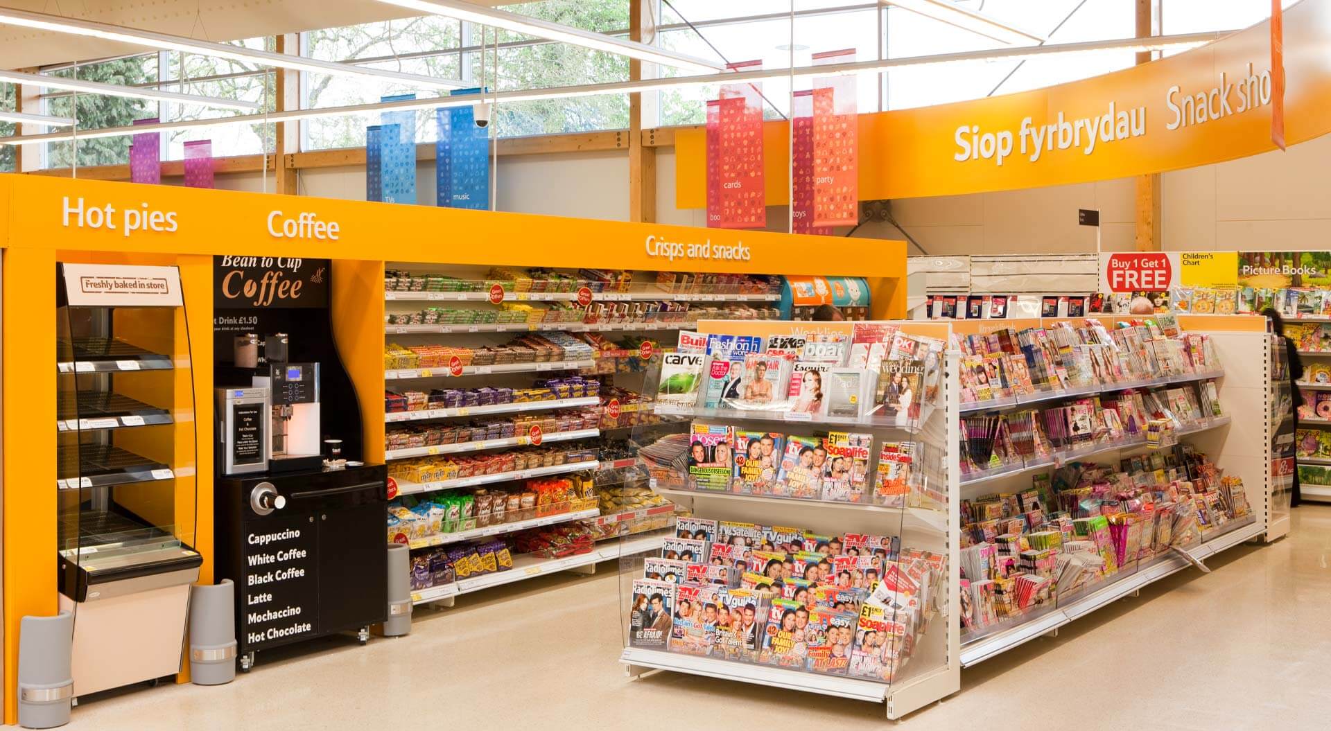 Tesco supermarket snack shop, coffee and magazine merchandising system and brand communications 