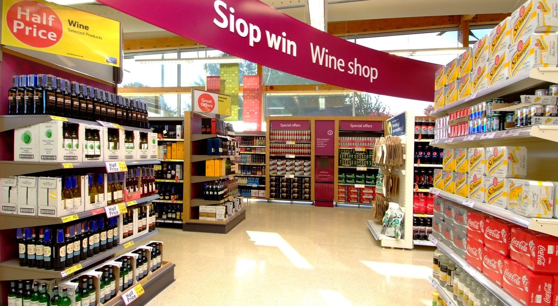 Tesco supermarket welshpool wine shop department design, merchandising system and brand communications 