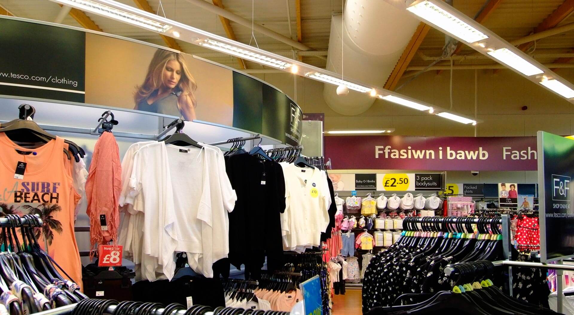 Tesco supermarket welshpool fashion department Florence and Fred, merchandising system and brand communications 