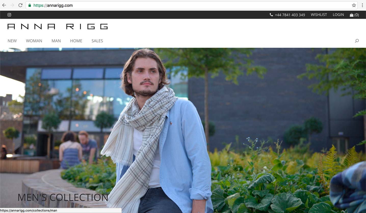 Anna Rigg website design, men's collection, London