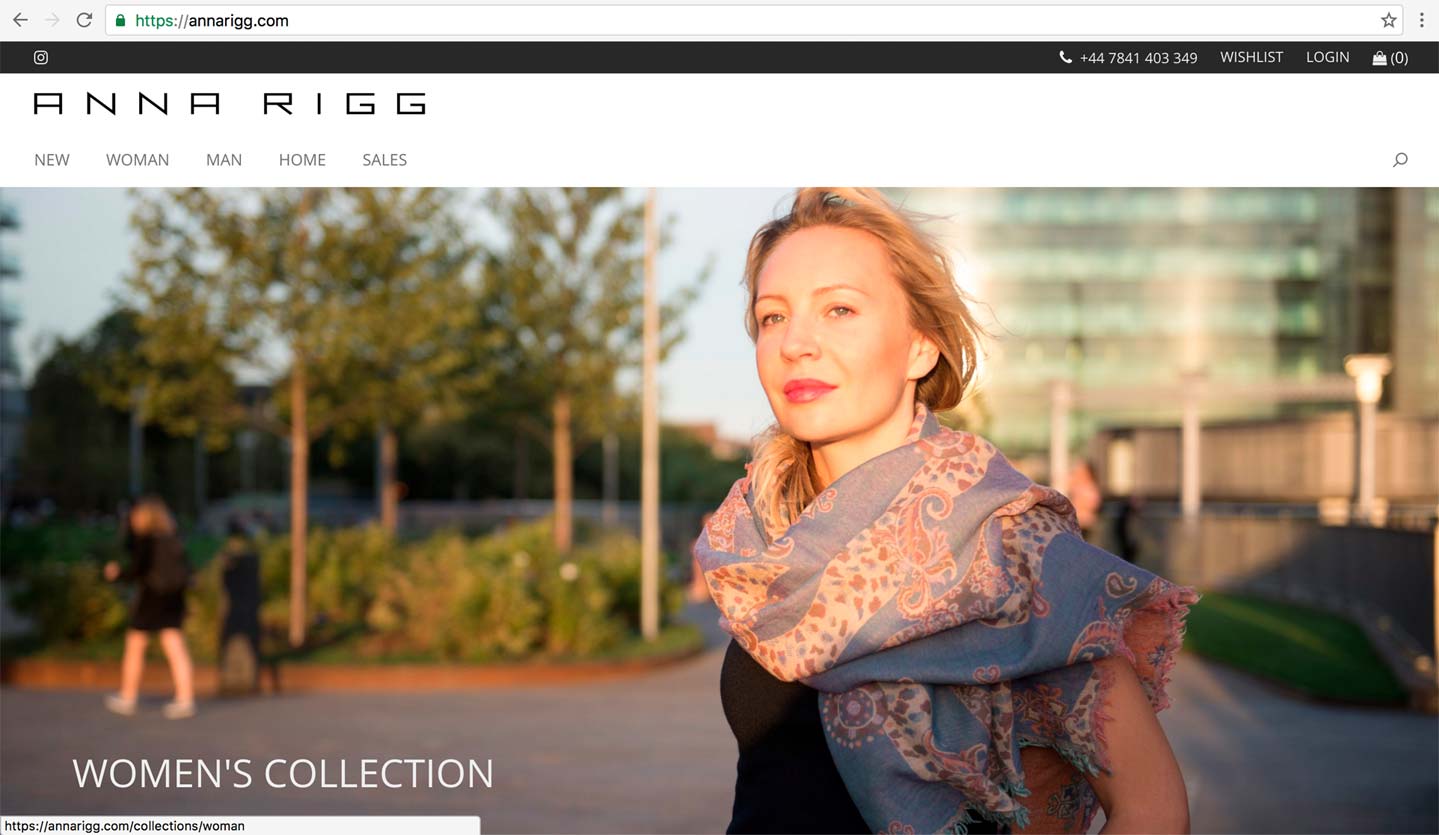 Anna Rigg website design, women's collection, London