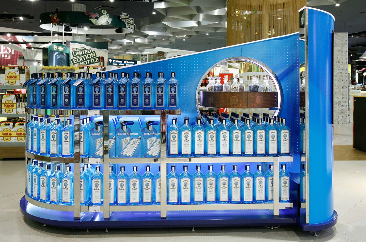 Innovative Bombay Sapphire visual merchandising display Sydney Airport designed by CampbellRigg