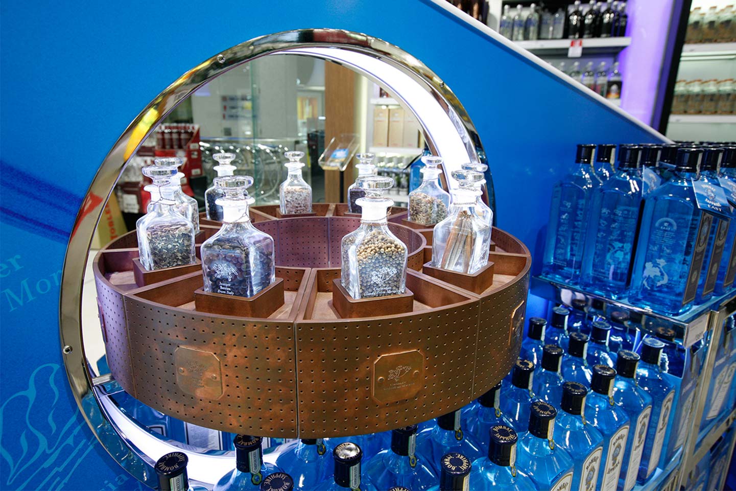 Detail of Bombay Sapphire visual merchandising display Sydney Airport designed by CampbellRigg