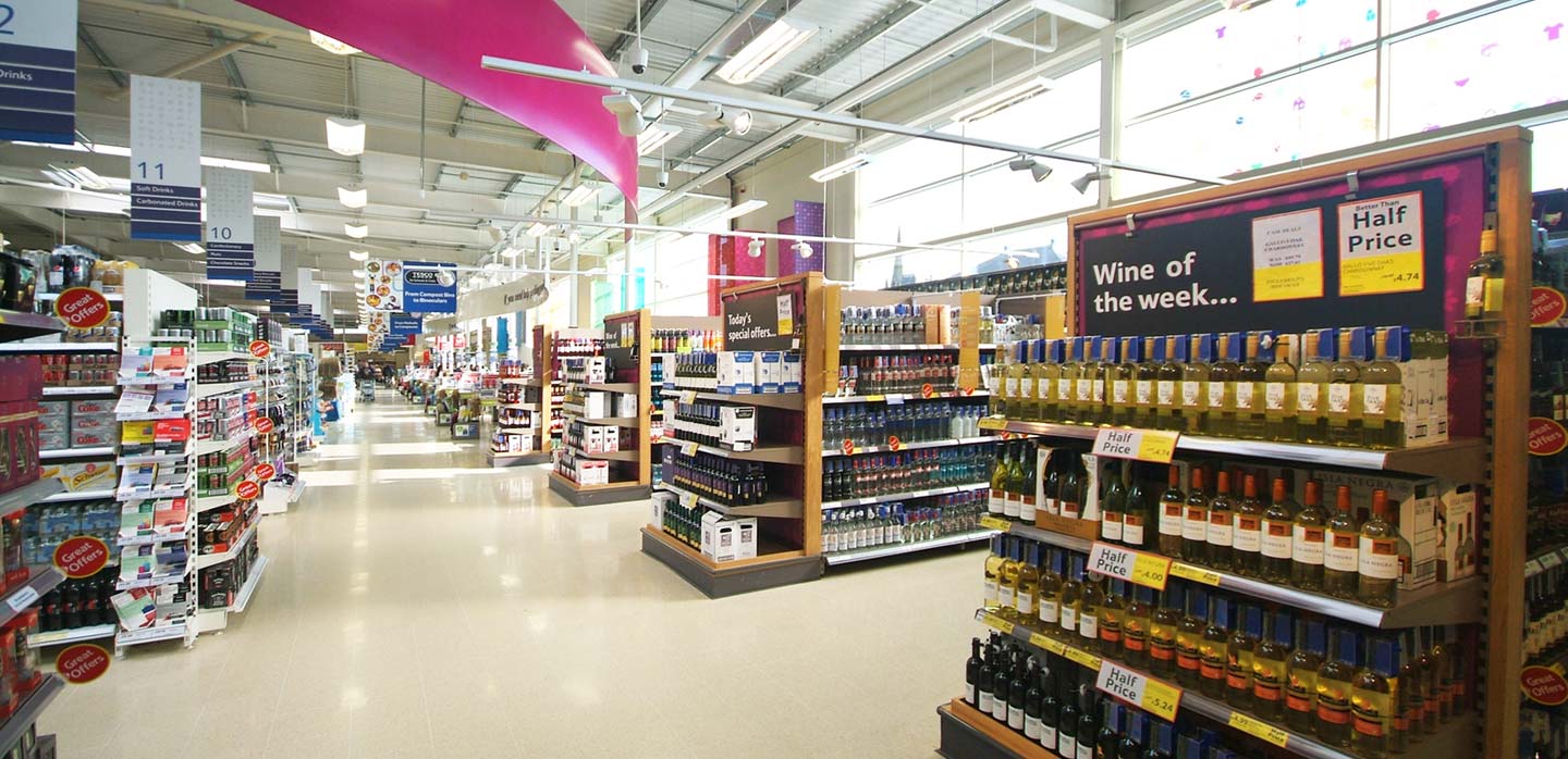 Tesco wine department, merchandising system and POS communications and navigation wayfinding