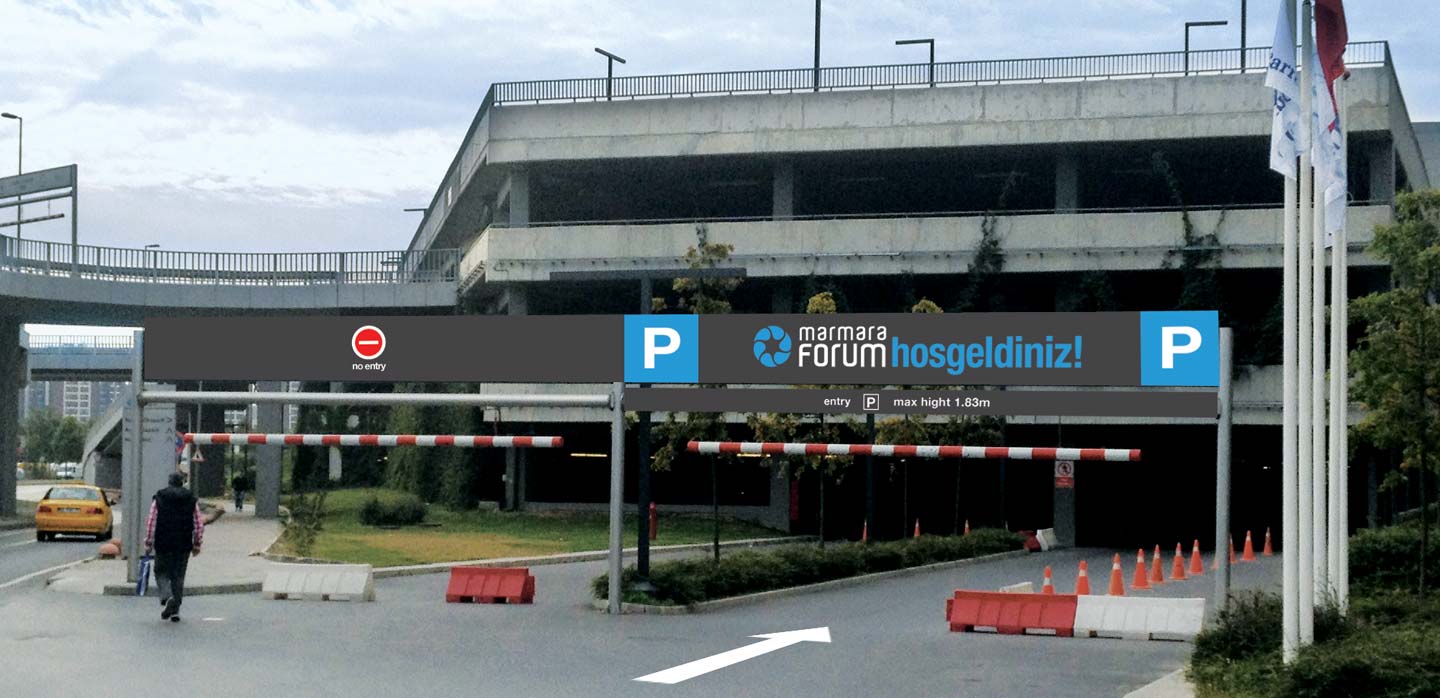 Marmara Forum car park entrance signage Istanbul, Turkey designed by CampbellRigg